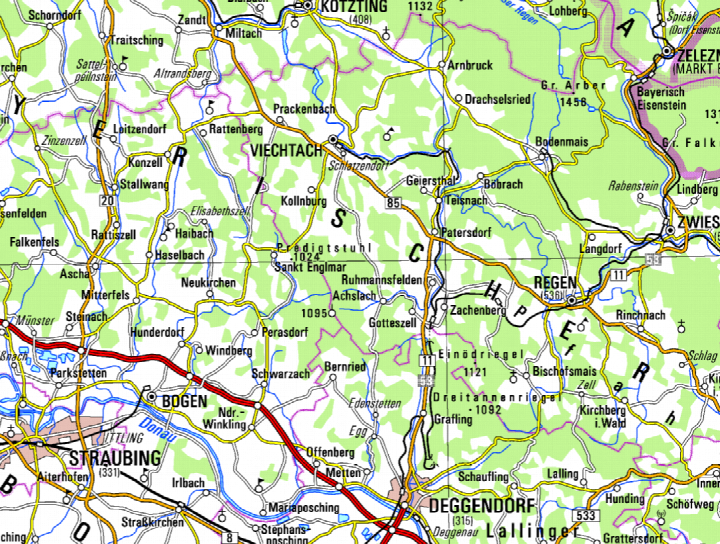 Karte mit Lage des Grundstücks Am Predigtstuhl 4 in St. Englmar, 94379, im Landkreis Regen, Bayern. Markierung der Umgebung mit Straßen, Ortschaften und Höhenlinien
