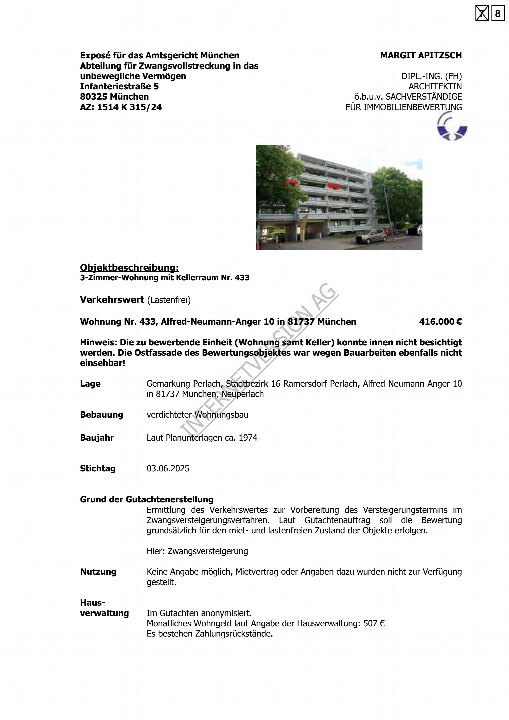Dokumentenseite eines Gutachtens für Zwangsversteigerung in München, Adresse Alfred-Neumann-Anger 10, 81737 München, Eigentumswohnung, mit Foto eines Mehrfamilienhauses