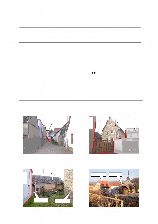 Dokumentenseite mit vier Bildern von Gebäuden und Grundstücken in Kaiserpfalz, Kirchplatz 11, inklusive roter Markierungen und einem Preisangabe von 0 €