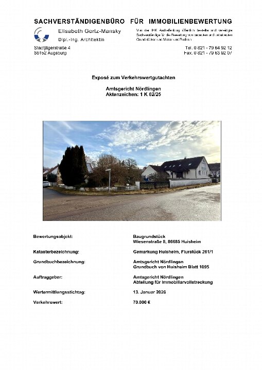 Dokumentenseite mit Exposé zum Verkehrswertgutachten für ein Baugrundstück in Huisheim, inklusive Adresse, Kataster- und Grundbuchangaben sowie Verkehrswert von 70.000 €