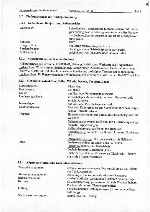 Seite 8 eines Gutachtens über ein freistehendes Einfamilienhaus mit Einliegerwohnung, Baujahr 1997, mit Details zu Bauart, Nutzungseinheiten, Konstruktion und technischer