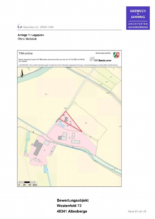 Lageplan des Bewertungsobjekts Westenfeld 72, 48341 Altenberge, ohne Maßstab, aus einem Gutachten der Architekten Gnewuch + Janning, erstellt mit TIM-online