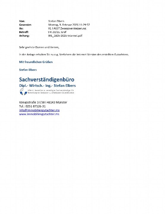 E-Mail von Stefan Elbers, Sachverständigenbüro, mit Anhang des Gutachtens zur Zwangsversteigerung in Greven, Vogelstiege 27, Eigentumswohnung (5+ Zimmer)