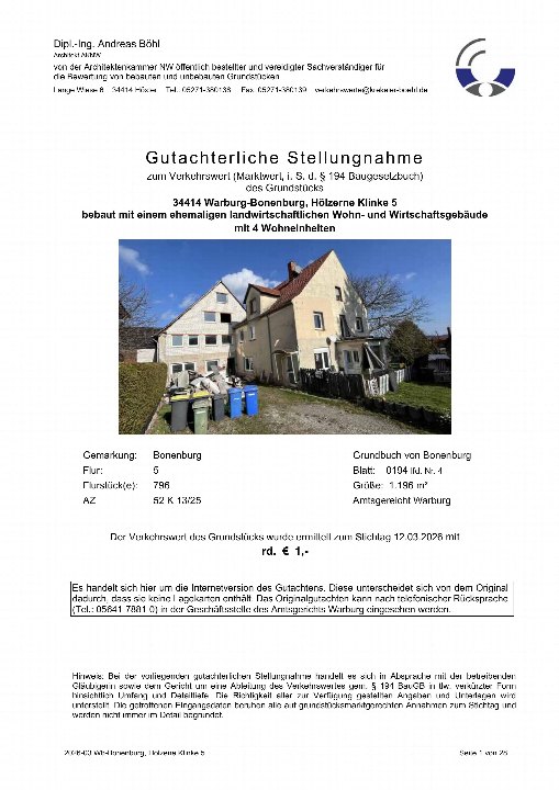 Dokumentseite einer gutachterlichen Stellungnahme zum Verkehrswert des Grundstücks Hölzerne Klinke 5 in 34414 Warburg, bebaute Fläche mit Mehrfamilienhaus, Seite 1 von 28