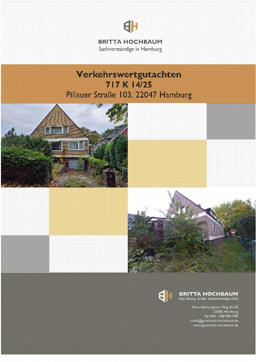 Titelseite eines Verkehrswertgutachtens für ein Einfamilienhaus in Hamburg, Pillauer Straße 103, mit zwei Außenansichten des Hauses
