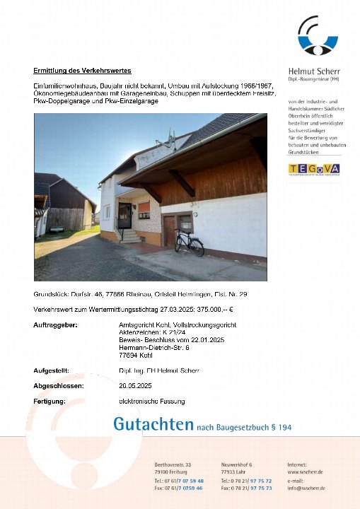 Dokumentenseite mit Gutachten zur Ermittlung des Verkehrswertes eines Grundstücks in Rheinau, Dorfstr. 46, inklusive Foto eines Gebäudes mit Garage und Anbau