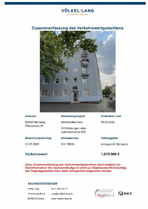 Dokumentenseite mit Zusammenfassung eines Verkehrswertgutachtens für ein Mehrfamilienhaus in Nürnberg, Pilotystraße 61, mit Bewertungsstichtag 01.07.2025 und Verkehrswert von