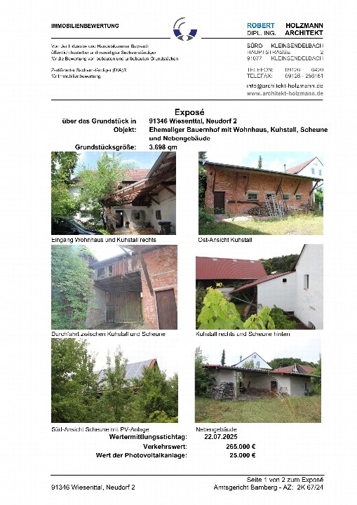 Exposé-Seite 1 für Grundstück 91346 Wiesenttal, Neudorf 2 mit sechs Fotos: Eingang Wohnhaus/Kuhstall, Ostansicht Kuhstall, Durchfahrt zwischen Kuhstall und Scheune, Kuhstall