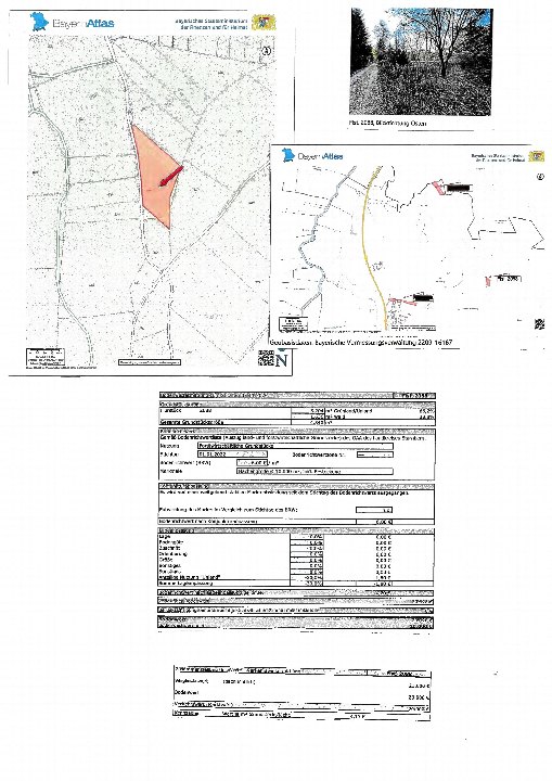 Dokumentenseite einer Zwangsversteigerung für ein land- und forstwirtschaftlich genutztes Grundstück in Inning, 82266, Hetzbogen, mit Karte, Flurstücksinformationen und