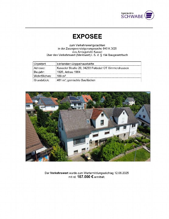 Doppelhaushälfte in Fuldatal, Kasseler Straße 20, 34233, aus dem Jahr 1926 mit Anbau 1964, Wohnfläche 189 m², Grundstück 461 m², gemischte Bauflächen
