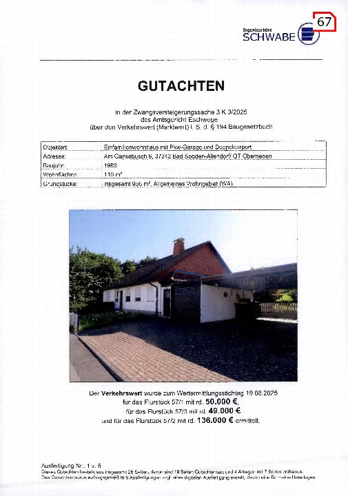 Dokumentenseite eines Gutachtens zur Zwangsversteigerung, Objekt: Einfamilienhaus mit Garage in Bad Sooden-Allendorf, Am Gänsebusch 6, Baujahr 1989