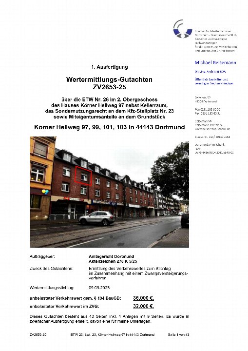 Erste Seite eines Wertgutachtens für eine Eigentumswohnung in Dortmund, Körner Hellweg 97, mit Foto des Gebäudes und rotem Rechteck um das betroffene Obergeschossfenster