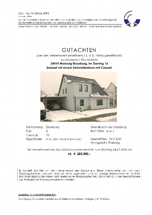 Gutachten über den Verkehrswert eines bebauten Grundstücks in Warburg-Daseburg, Im Dorning 16, mit Einfamilienhaus und Carport, Stichtag 04.02.2026