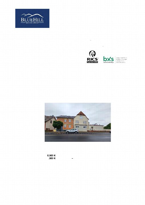 Doppelhaushälfte in Kahl, Hanauer Landstraße 95a/95b, mit blauem BlueHill Estate Group Logo und RICS/bvs Sachverständigen-Zertifizierung, Foto zeigt mehrstöckiges Gebäude mit