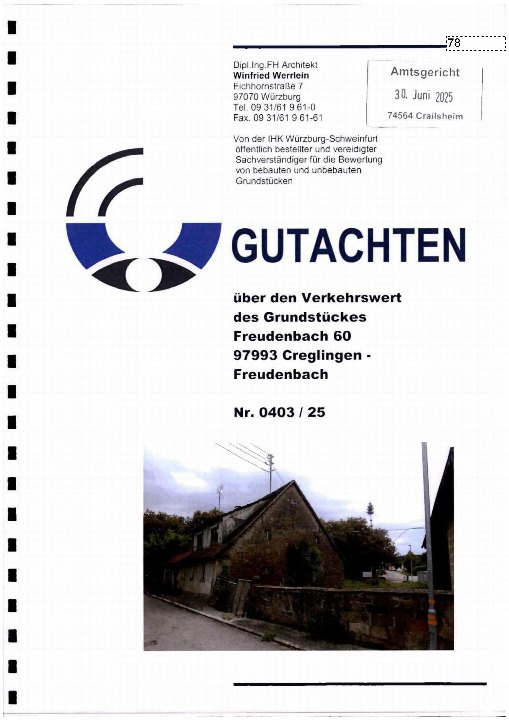 Gutachten über den Verkehrswert des Grundstücks Freudenbach 60, 97993 Creglingen-Freudenbach, mit Foto eines Gebäudes und Steinmauern
