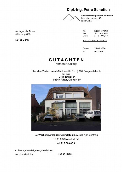 Dokumentenseite mit Gutachten über Grundstück in 53347 Alfter, Olsdorf 65, im Zwangsversteigerungsverfahren, mit Foto eines Gebäudes mit Schild 'BESTATTUNGEN