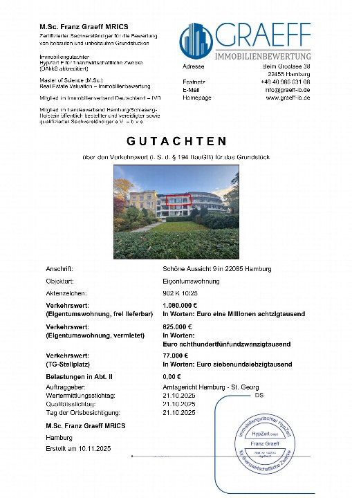 Gutachten über Eigentumswohnung in Hamburg, Schöne Aussicht 9, 22085, mit Verkehrswerten und Bewertungsdaten