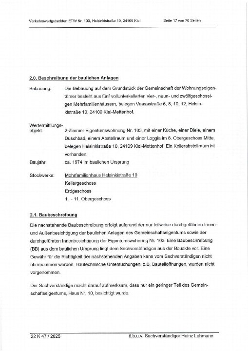 Seite 17 eines Verkehrswertgutachtens für eine 2-Zimmer-Eigentumswohnung in Helsinkistraße 10, 24109 Kiel-Mettenhof, mit Baubeschreibung und Objektdaten