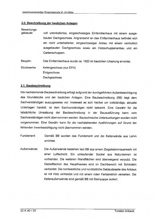Seite aus einem Zwangsversteigerungsunterlagen für ein Einfamilienhaus in Kiel, Ringelnatzstraße 36, mit Beschreibung der baulichen Anlagen und Baubeschreibung