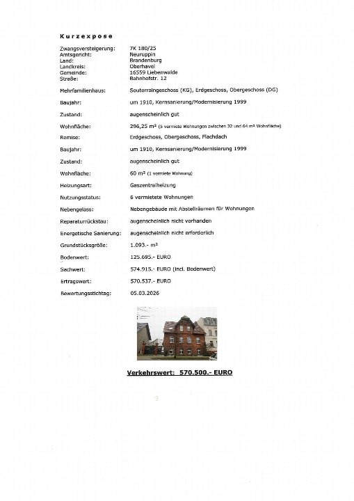 Dokumentenseite mit Kurzexpose einer Zwangsversteigerung in Liebenwalde, 16559, Baujahr um 1910, Mehrfamilienhaus, mit Grundstücks- und Bewertungsdaten