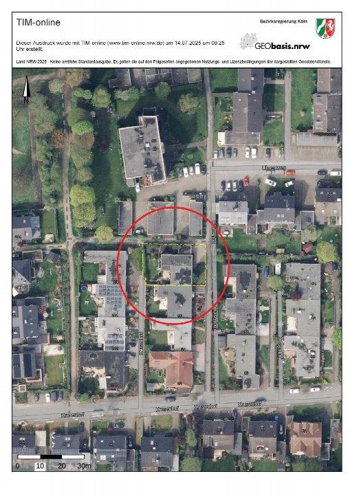 Luftbild der Gudrunstraße 1a in Marl mit markierter Grundstücksfläche, umgeben von Wohnhäusern und Grünflächen