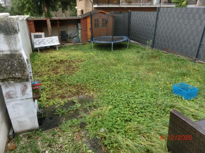 Hinterhof mit Gras, Unkraut, Trampolin, Holzschuppen und weißer Bank, umgeben von Zaun und Hauswand