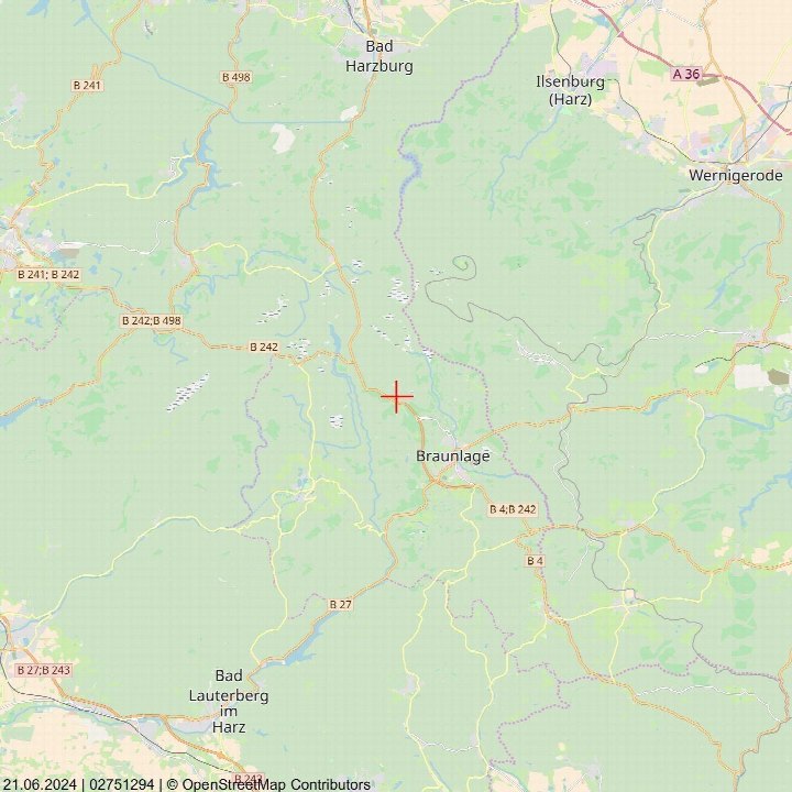 Lagekarte der Gemeinde Braunlage mit umliegenden Orten und Straßen, roter Kreuzmarkierung im Zentrum der Gemeinde