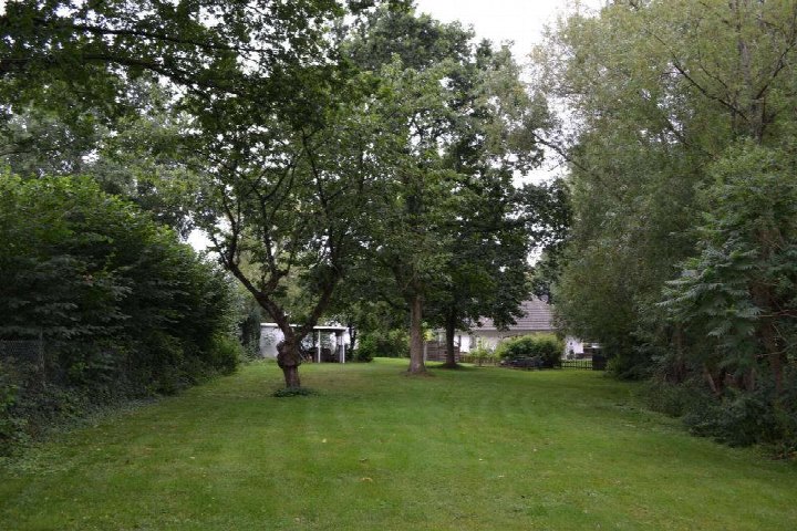 Grüner Garten mit Bäumen und Sträuchern, im Hintergrund ein Wohnhaus in Pohnsdorf, Seestraße 3, 5