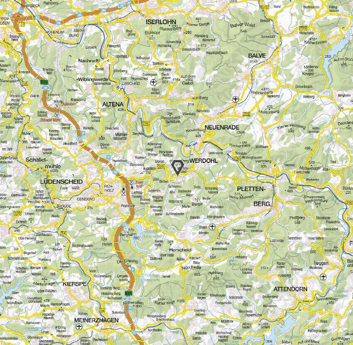 Lagekarte der Umgebung von Werdohl mit Straßen, Ortschaften und Höhenlinien; Markierung des Gebiets Mühlenschlad, Flurstück 312