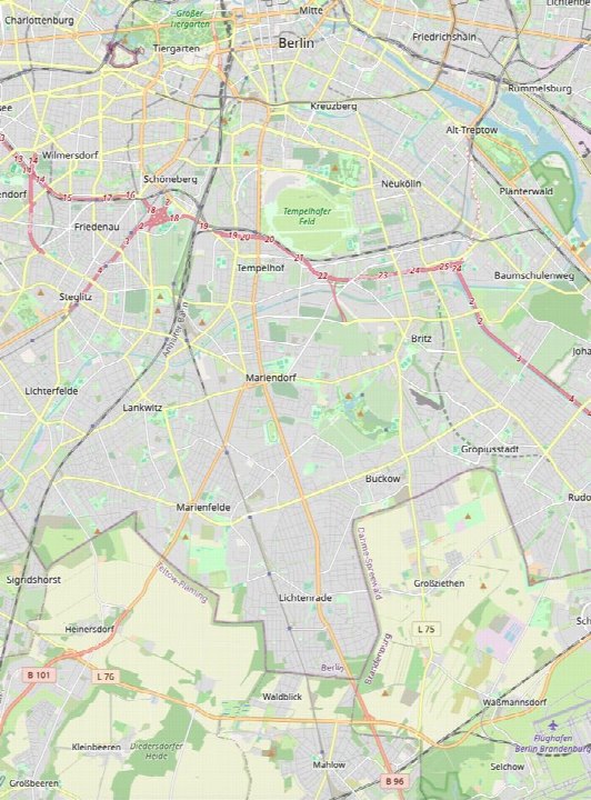 Lagekarte von Berlin mit markierter Route und Stadtteilen, einschließlich des Gebiets um Paetschstraße 9, 12307 Berlin