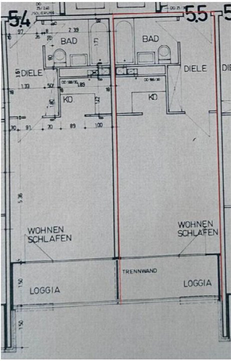 Grundriss einer Eigentumswohnung mit Wohn- und Schlafbereich, Küche, Bad und Loggia, inklusive Maßangaben und Raumbezeichnungen