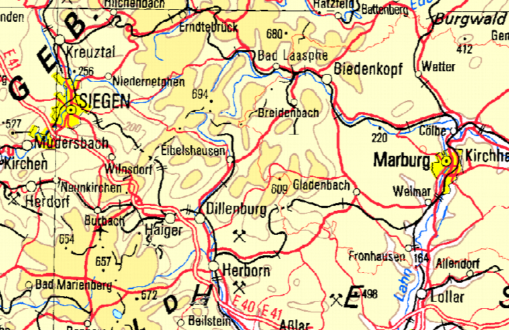 Lagekarte mit Ortschaften wie Gladenbach, Siegen und Marburg, Höhenlinien und Verkehrswege im Raum des Einfamilienhauses Eselsweg 2, 35764 Gladenbach