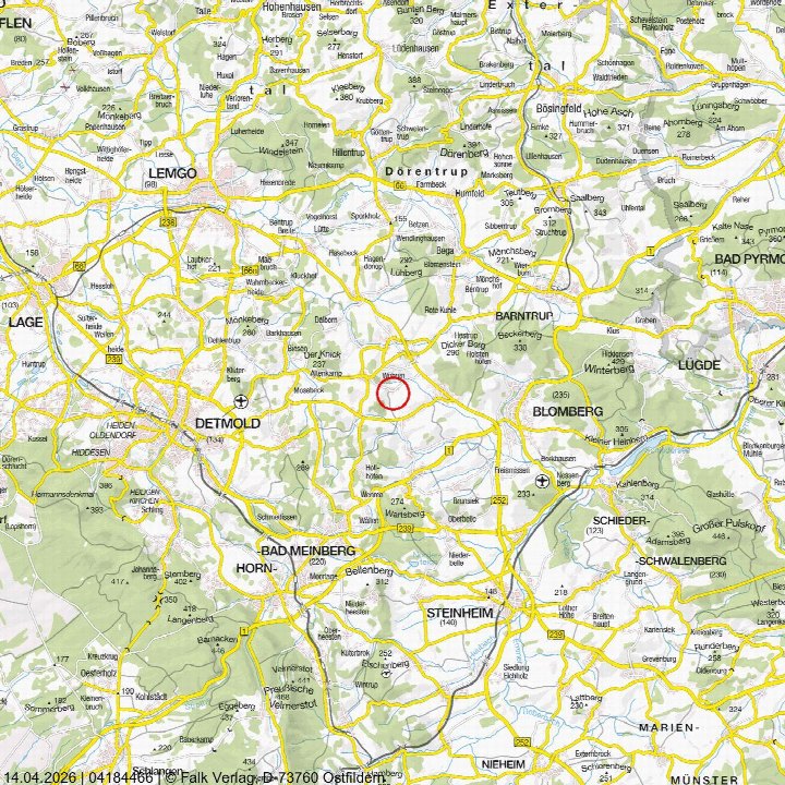 Lagekarte der Umgebung von Blomberg mit markierter Position in der Nähe von Würen, umgeben von Straßen und Ortschaften