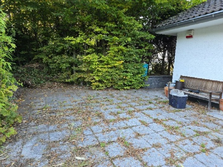 Pflasterter Gartenbereich mit Bäumen und Sträuchern, Holzbank und Mülltonnen neben einem weißen Gebäude mit Ziegeldach