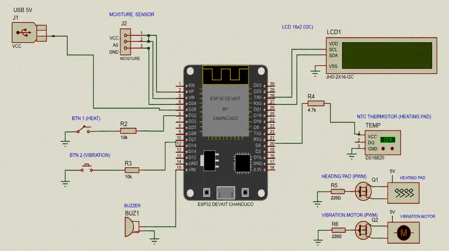 Fig. 3: Hardware circuit diagram (ESP32 DevKit with NTC Thermistor, Moisture Sensor, MOSFET, LCD, Buzzer).