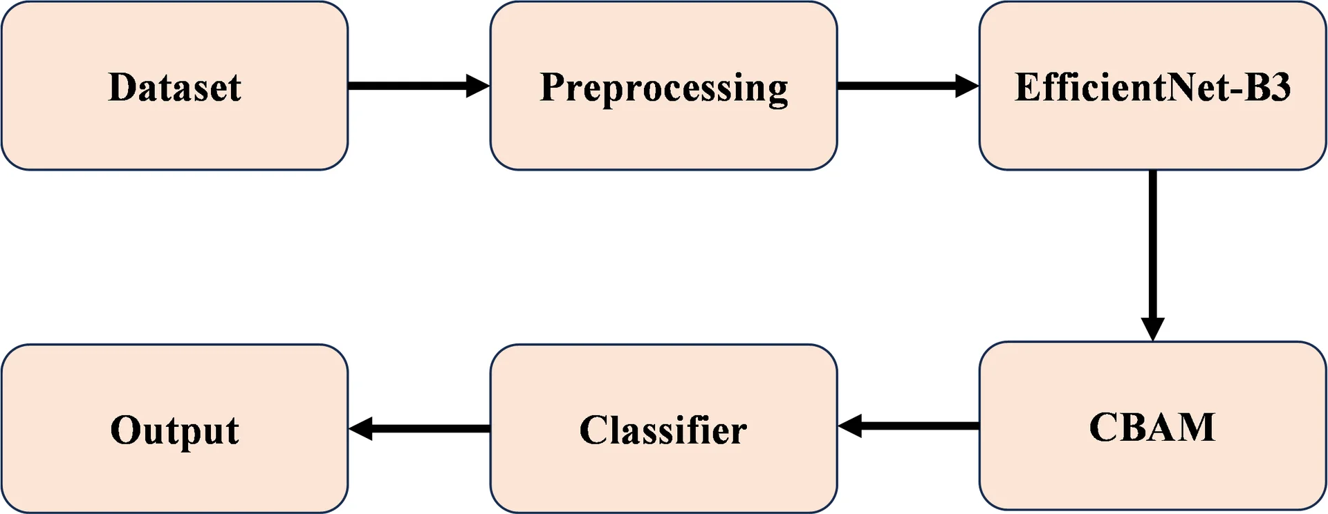 Fig. 2: Flow diagram of the proposed EfficientNet-B3 + CBAM-based skin lesion classification framework