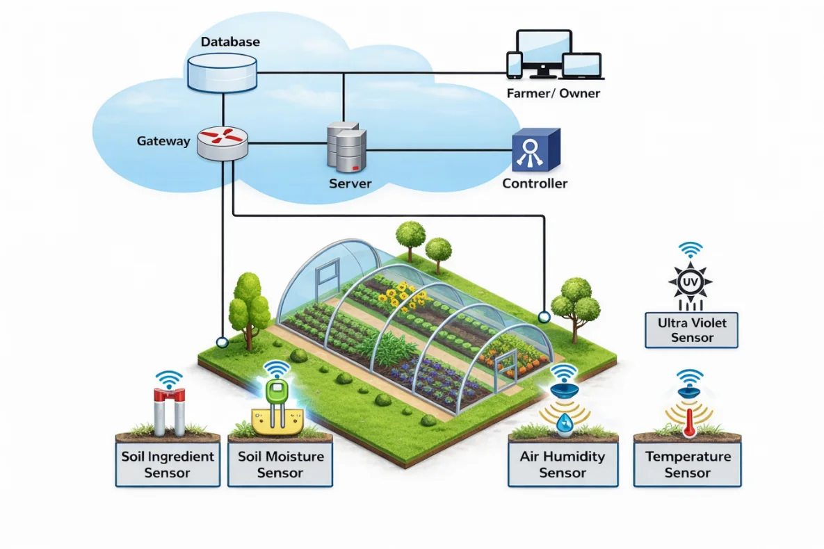 Fig. 6: Application of IOT and machine learning in agriculture with sensor placement in crop fields monitoring