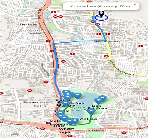 Fig. 2: Snapshot of the output from the proposed real-time zoo navigation and animal tracking system.