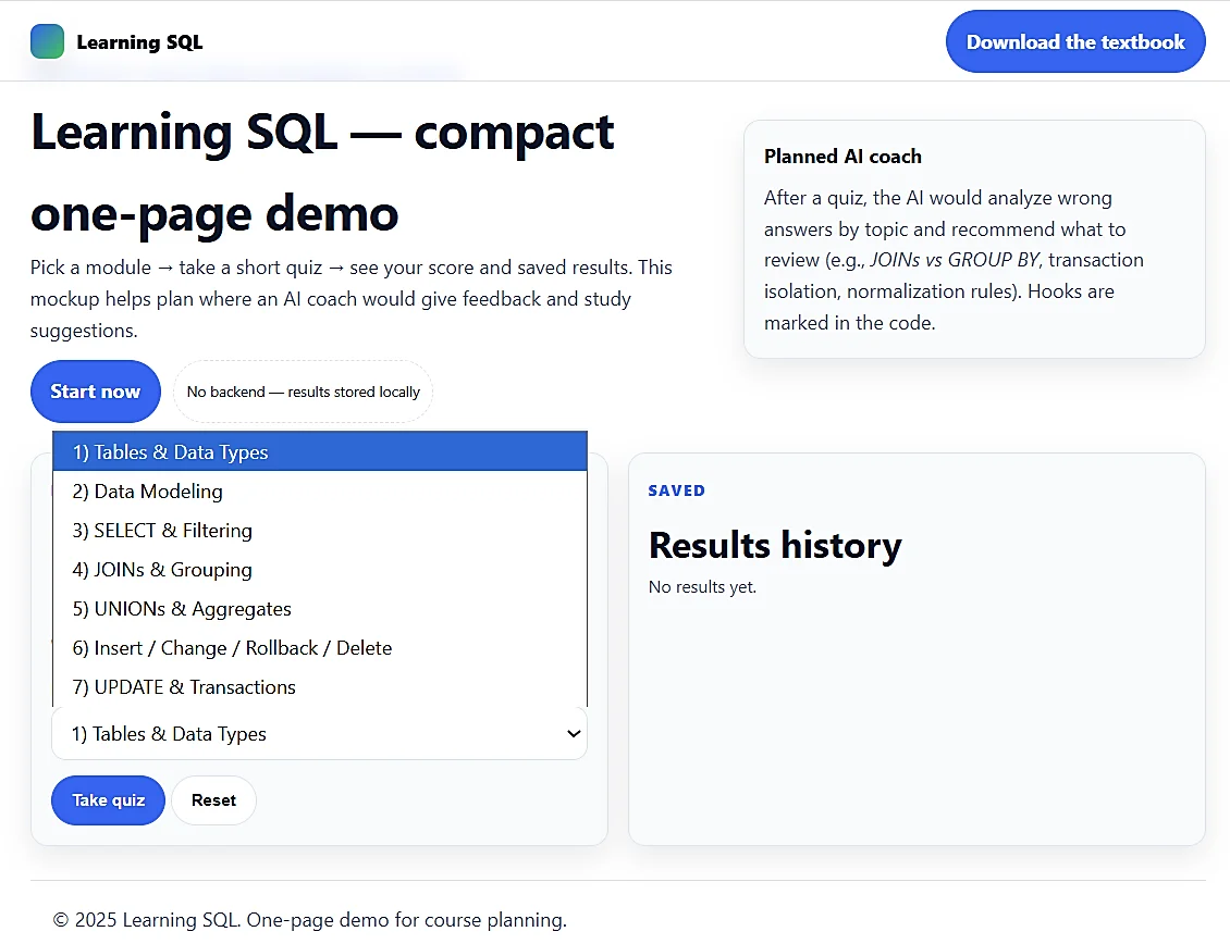 Fig. 1: Prototype interface for the SQL learning support system