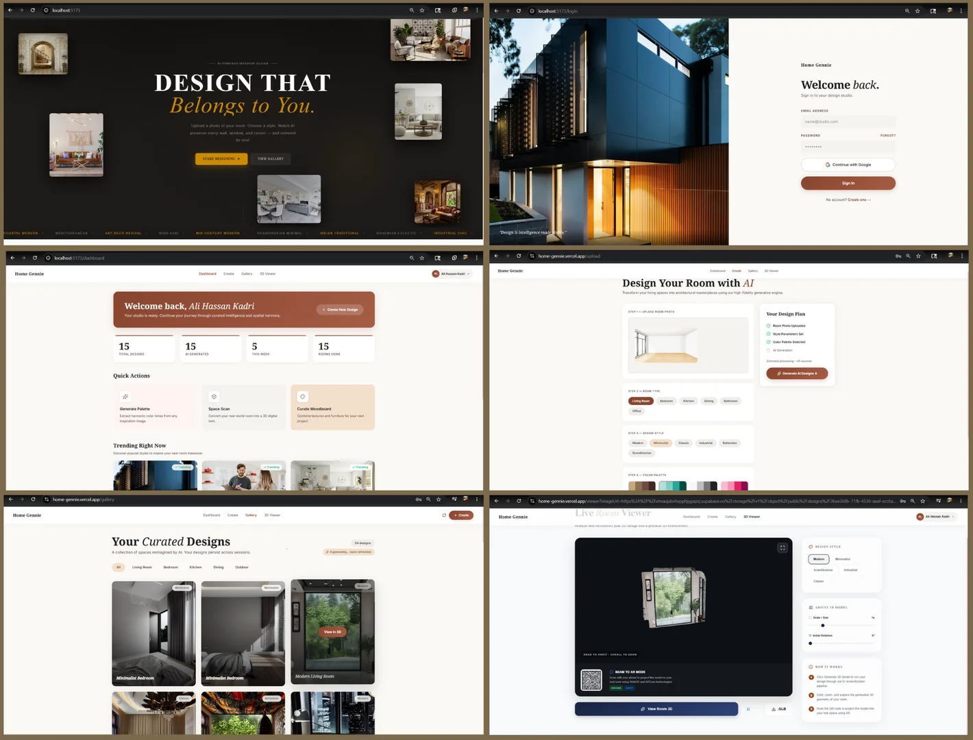 Fig. 5: User interface of the deployed system: (a) landing page, (b) sign-in with email or Google, (c) dashboard, (d) design creation with room type, style and colour palette, (e) gallery of generated designs, (f) 3D viewer with AR hand-off by QR code.