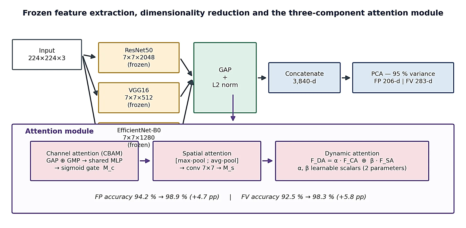 Frozen multi-backbone feature extraction, GAP–PCA reduction and the three-component attention module. The two learnable scalars α and β of the dynamic branch are the only backbone-adjacent parameters estimated from biometric data.