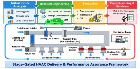 HVAC Framework for Buildings: A Stage-Gated Delivery and Performance Assurance Approach — graphical abstract