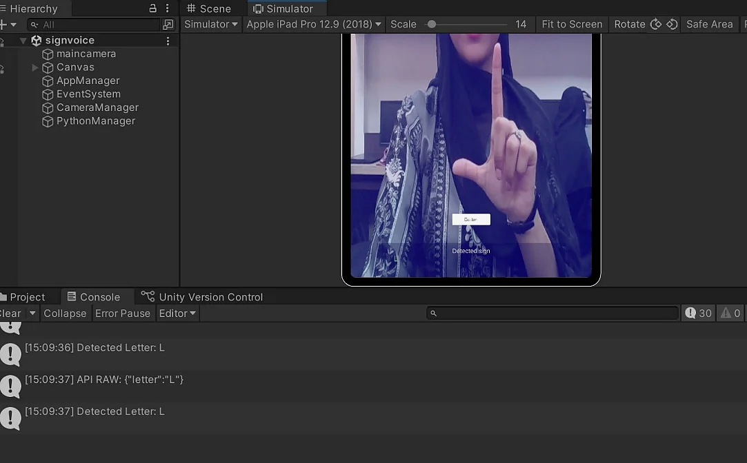 Fig. 12: Unity simulator showing live ISL gesture recognition and detected output