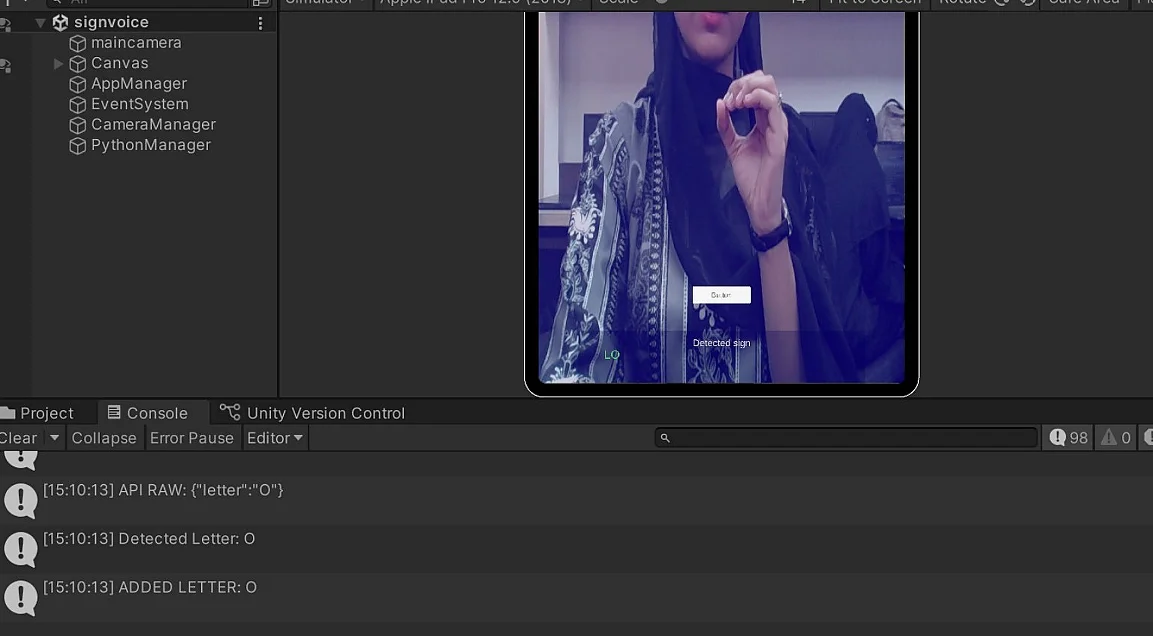 Fig. 13: Unity simulator showing recognition of another ISL hand configuration and console output