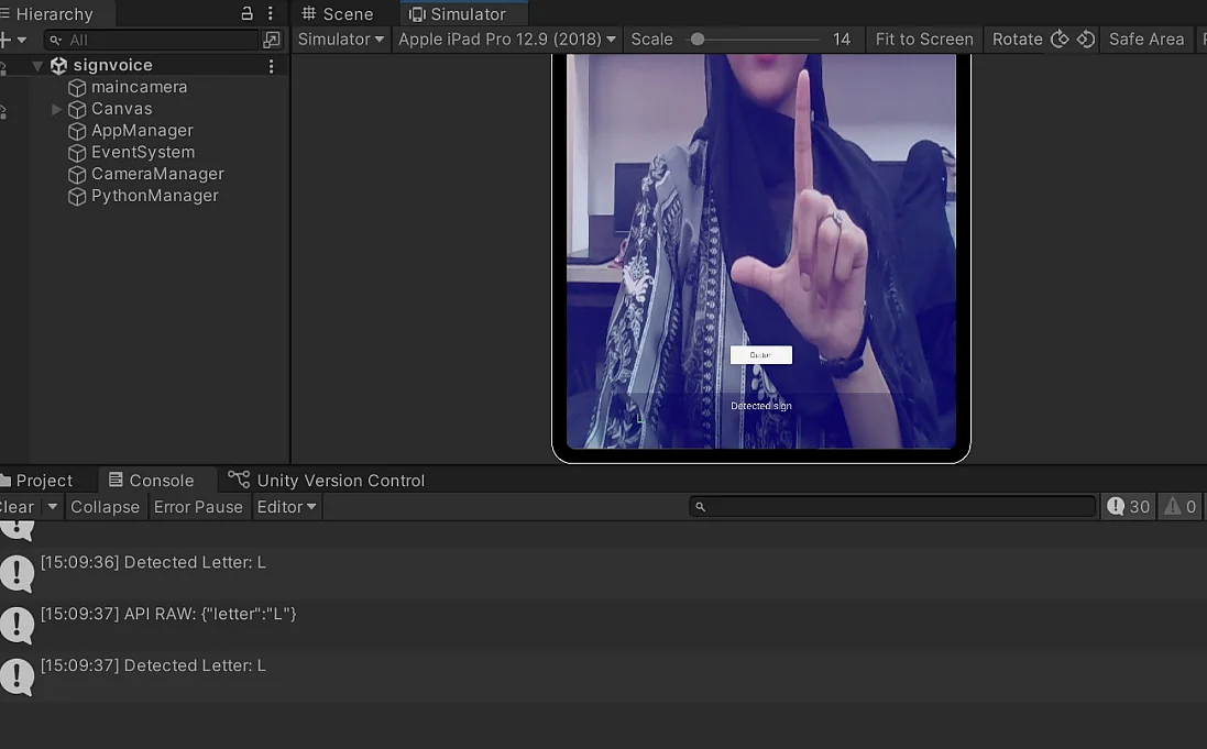 Fig. 14: Unity simulator showing live sign recognition and the corresponding console output