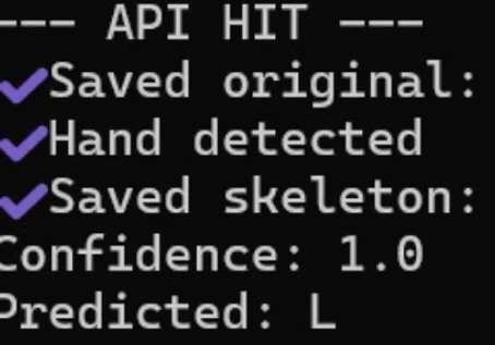 Fig. 15: Runtime API log showing successful hand detection, skeleton generation, confidence, and predicted letters
