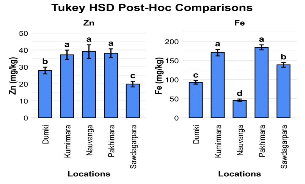 Fig. 6: Concentration of Zn and Fe in cabbage at different locations in Patuakhali and Barguna districts.