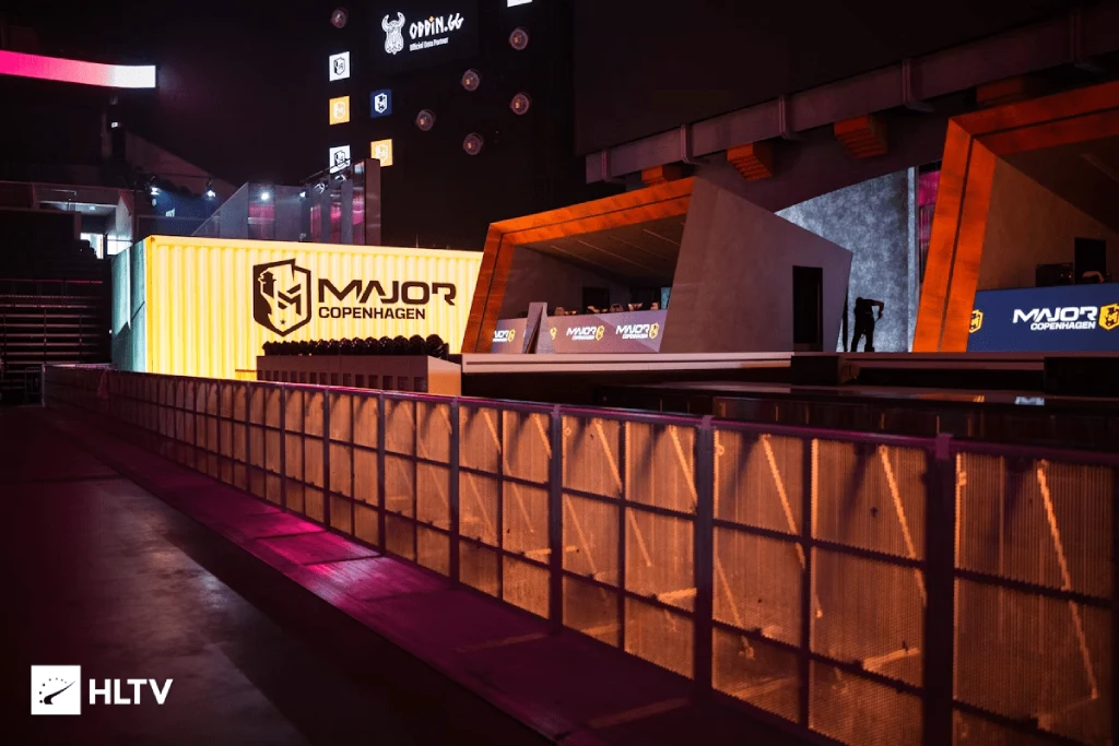 Interior view of the PGL Major Copenhagen 2024 venue with stage and branding