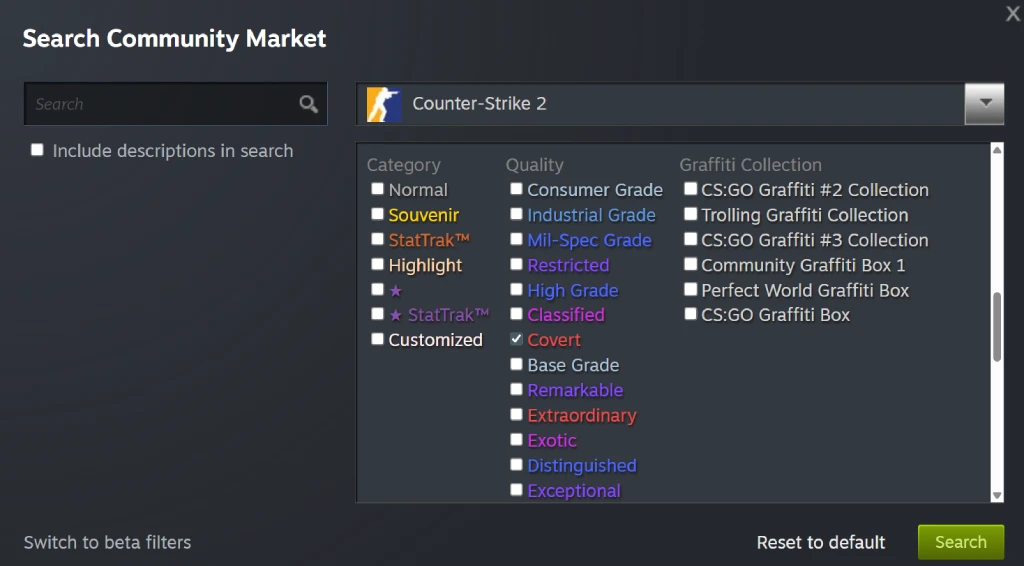 Steam Community Market CS2 filters