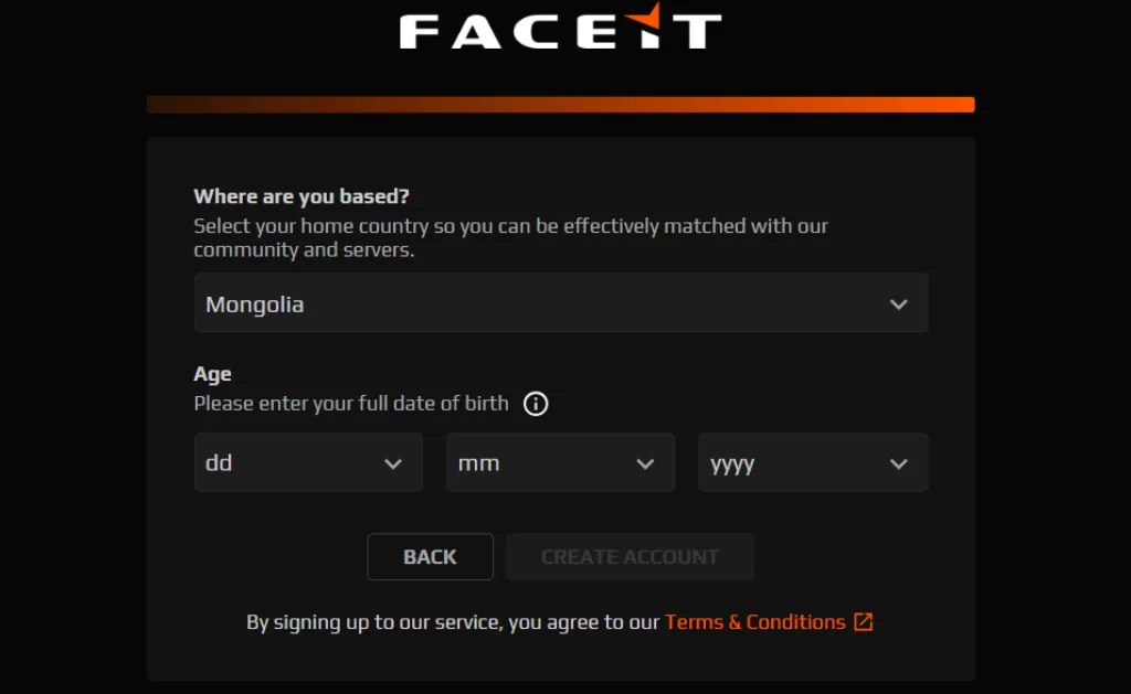Select Your Region and Date of Birth FACEIT